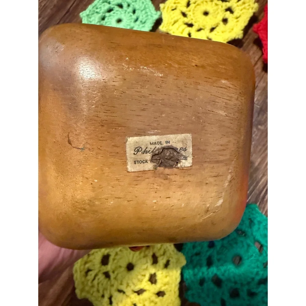 Vintage Handmade Crochet Coaster Set 9 pc Rainbow Star with Wooden Spindle Base